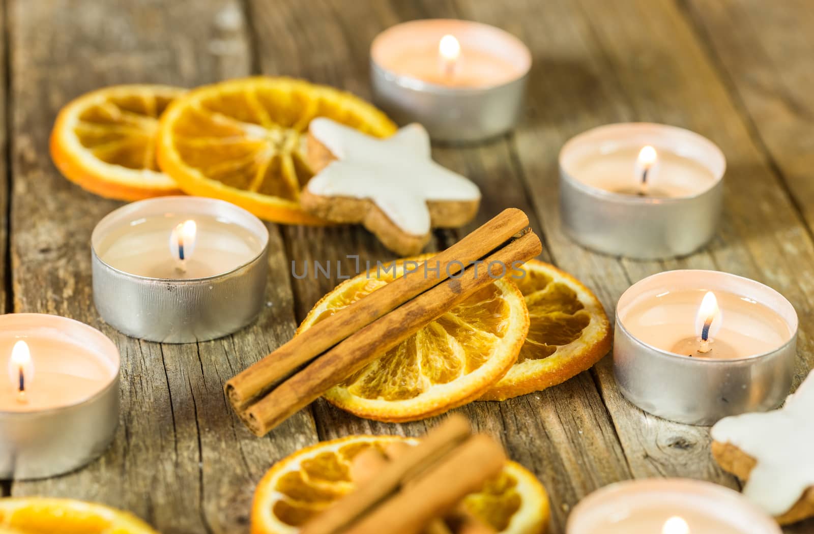 Festive Christmas holiday still life composition on wooden table