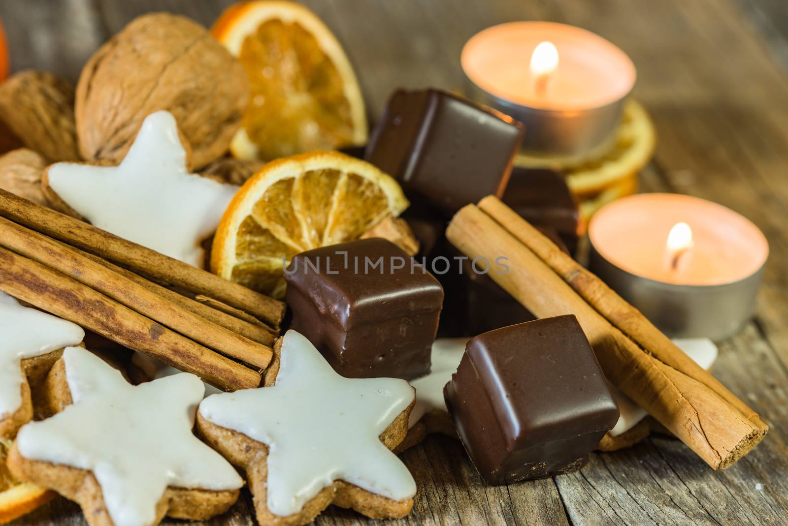 Christmas sweet food composition on wooden table