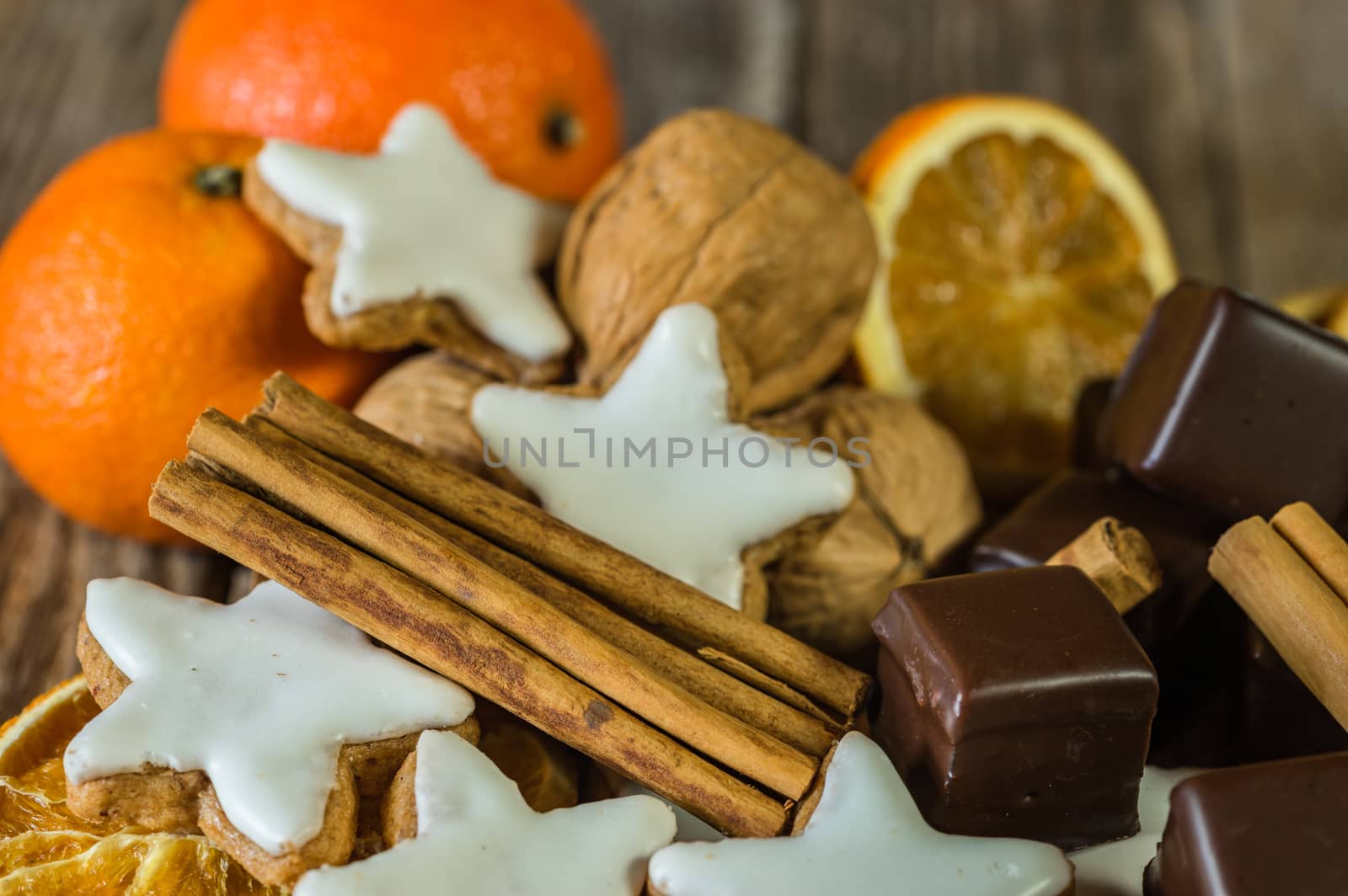 Christmas sweet food composition on wooden table