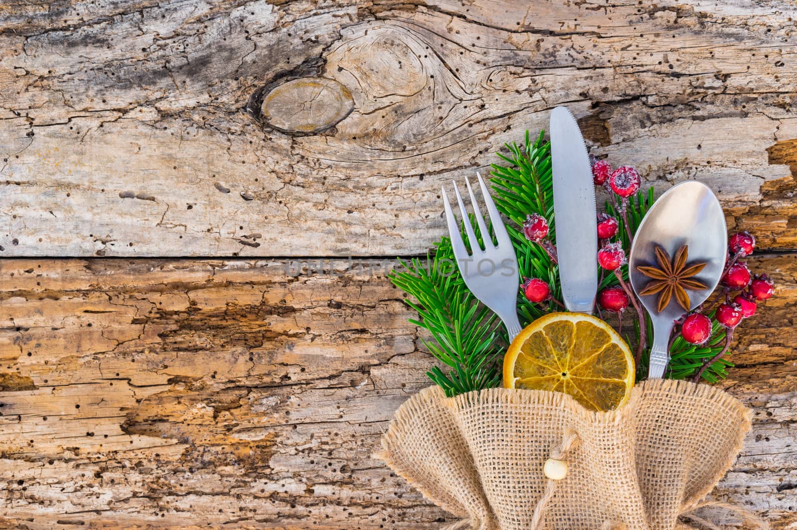 Christmas table place setting, Holidays background