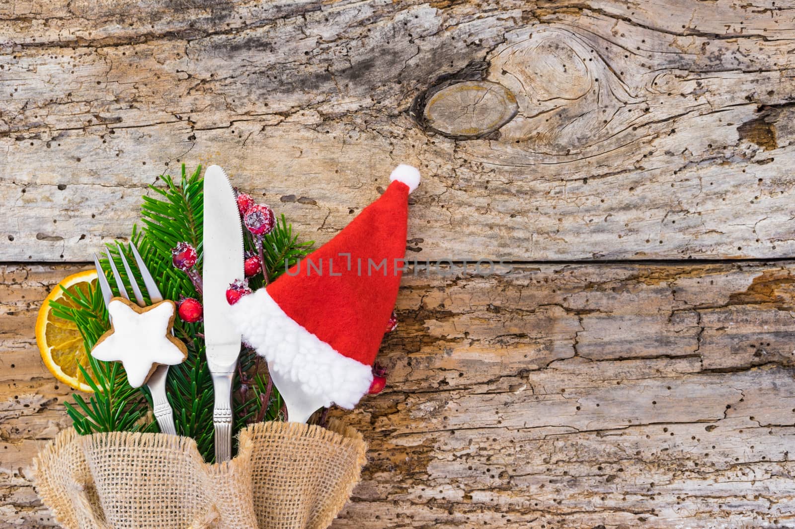 Christmas table place setting, rustic cutlery decoration, holiday celebration background, copy space