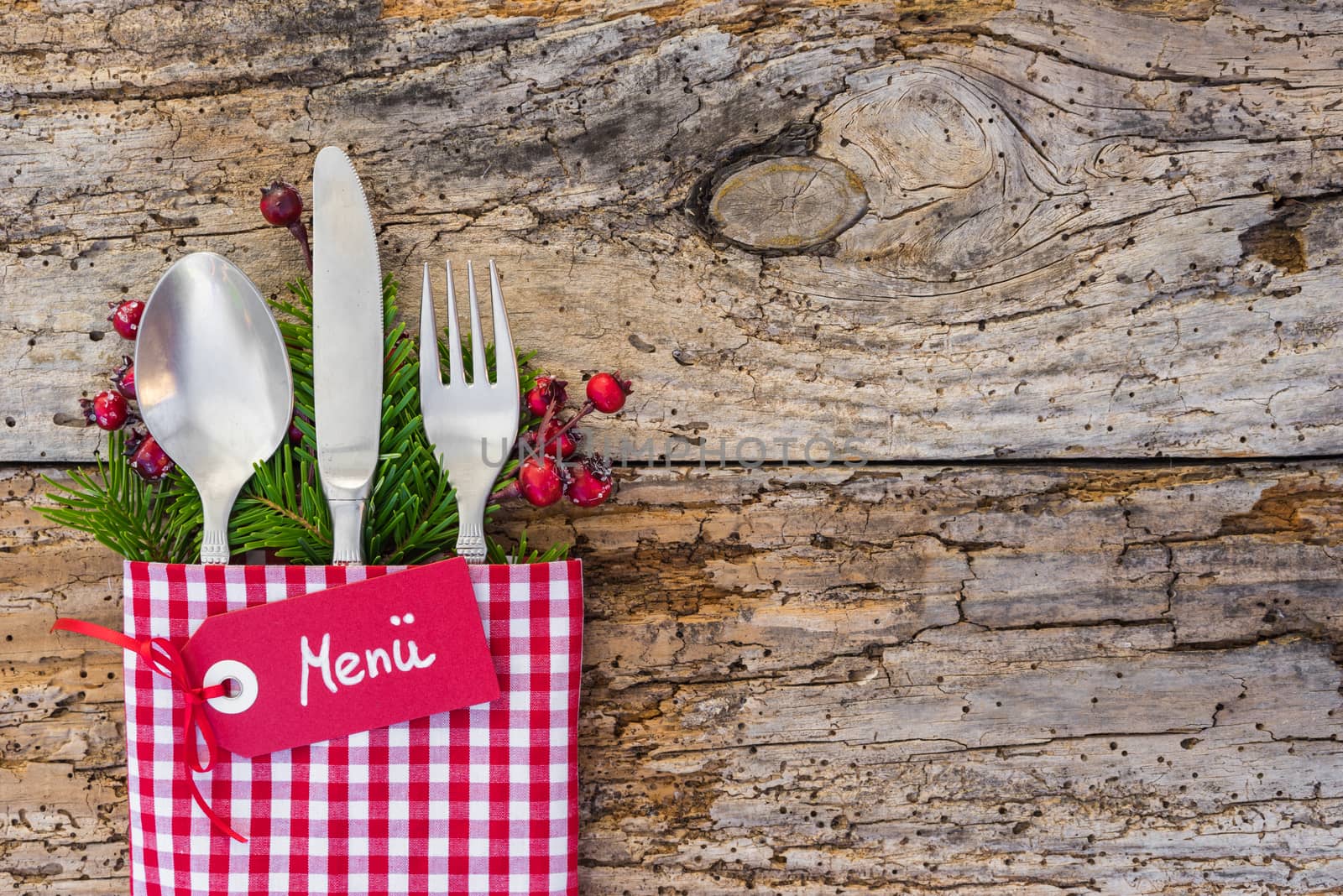 Rustic Christmas dinner menu table place setting by Vulcano