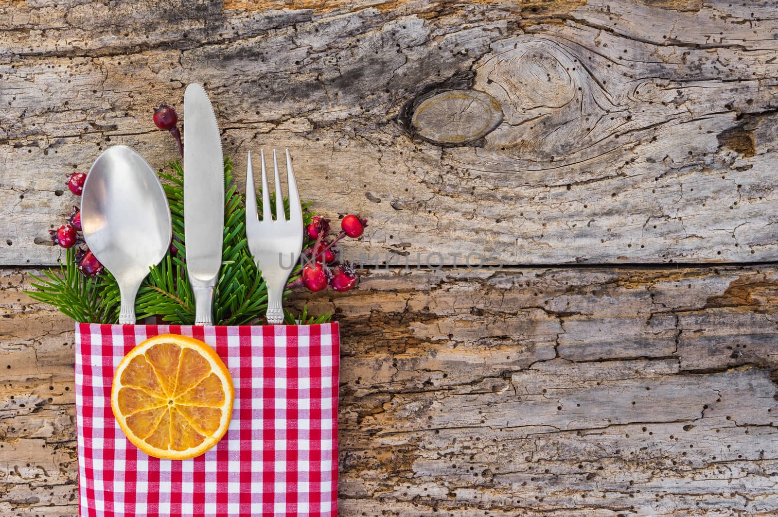 Rustic Christmas table place setting, holidays background by Vulcano