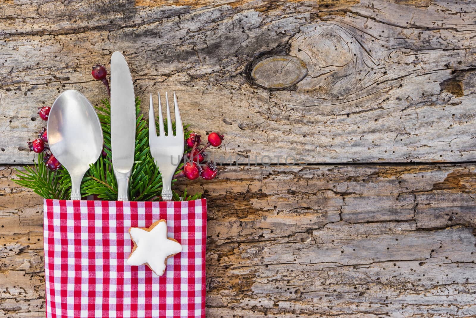 Christmas dinner menu cutlery on rustic wooden table background, copy space by Vulcano