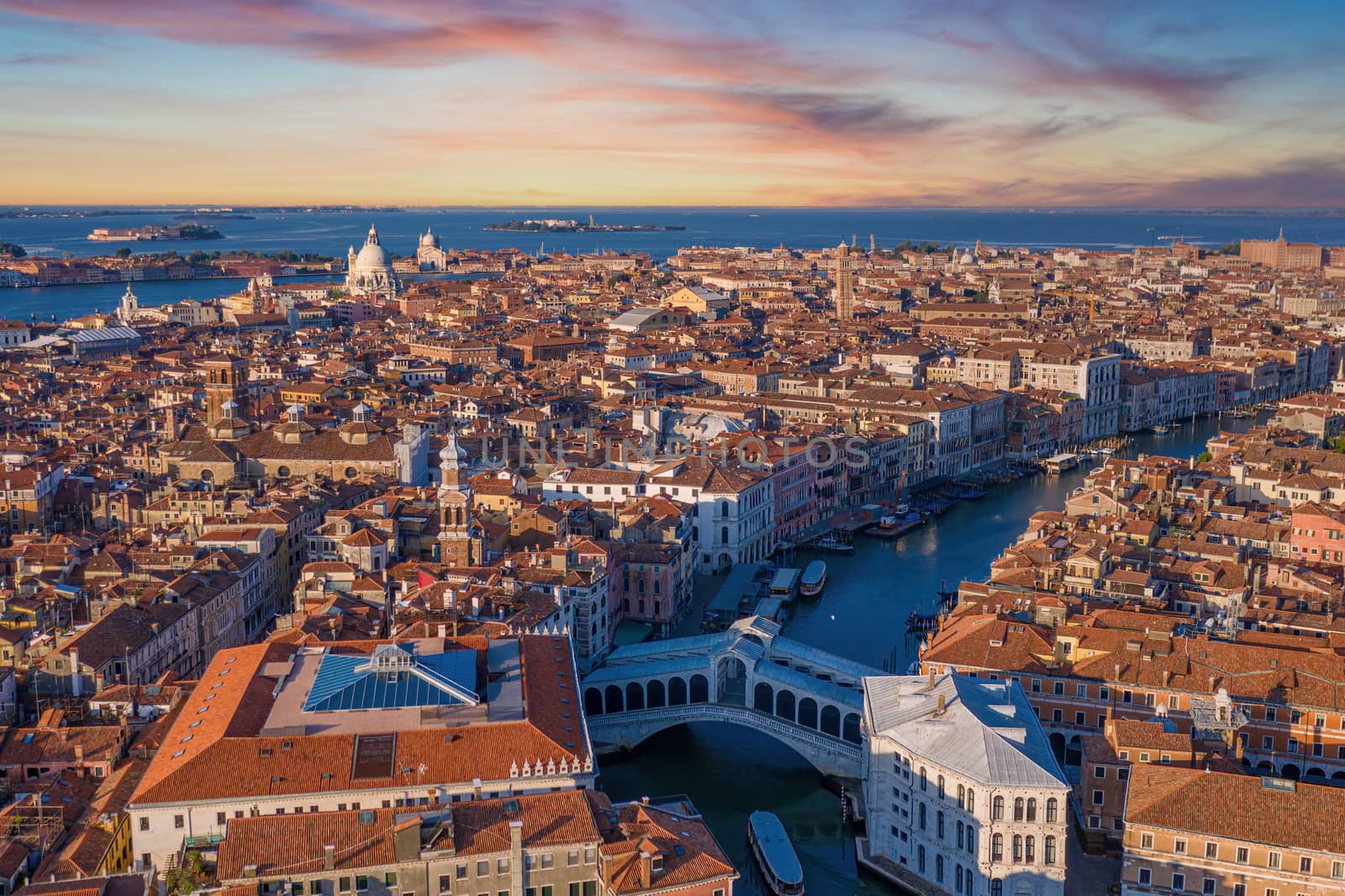 Panoramic aerial view of Venice with the Rialto bridge