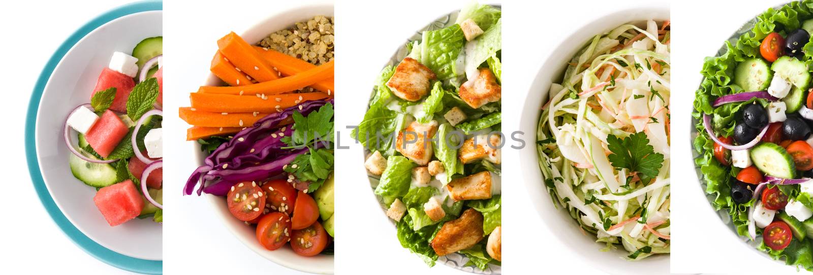 Collage of healthy salad. Greek salad, Pasta salad, Caesar salad, watermelon salad and Buddha bowl