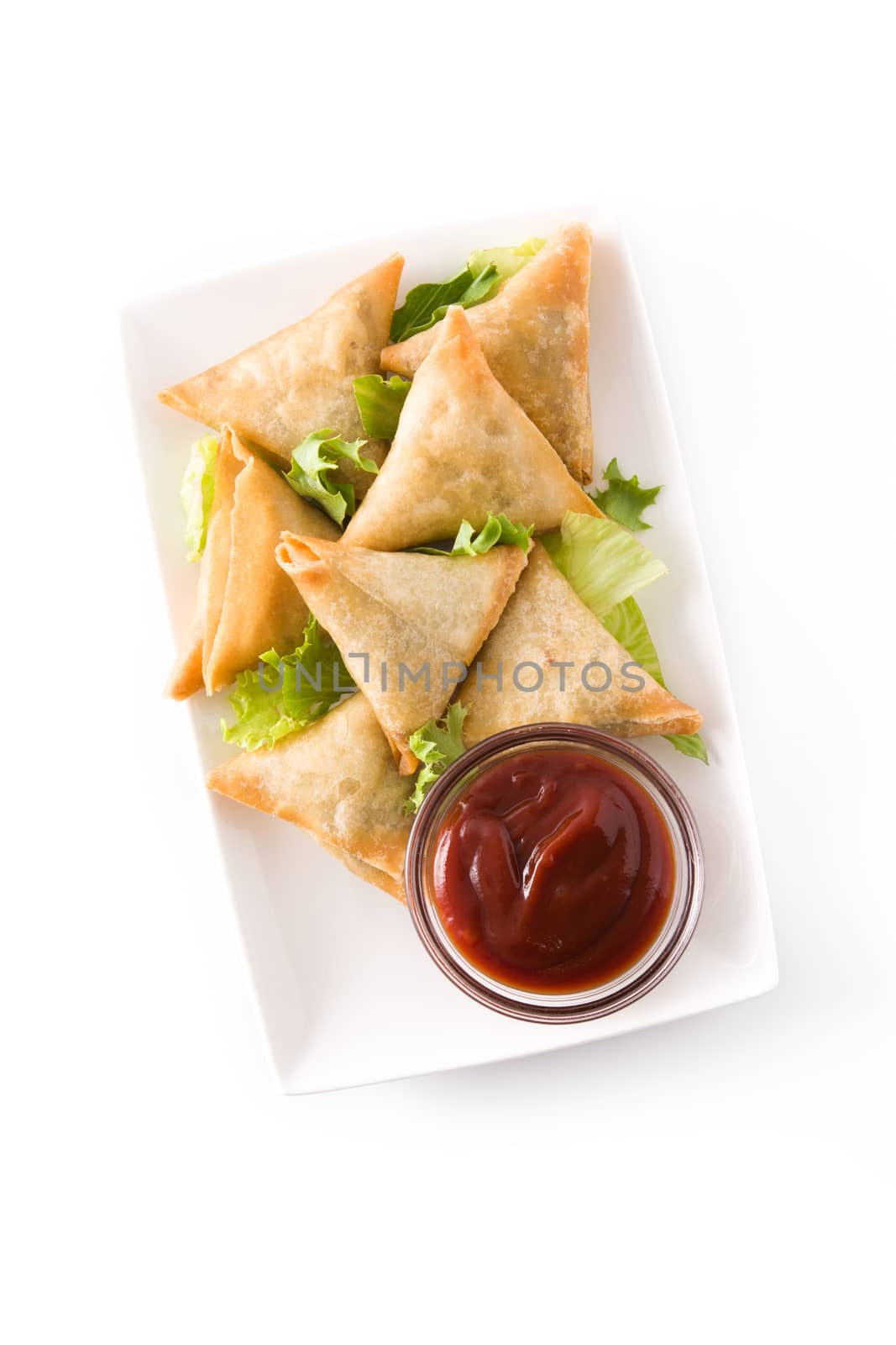 Samsa or samosas with meat and vegetables isolated on white background. Traditional Indian food. by chandlervid85