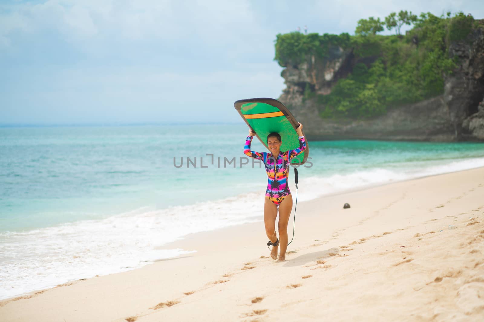 Sexy slim girl with surf board on tropical sand beach. Healthy active lifestyle in summer vocation. by Try_my_best