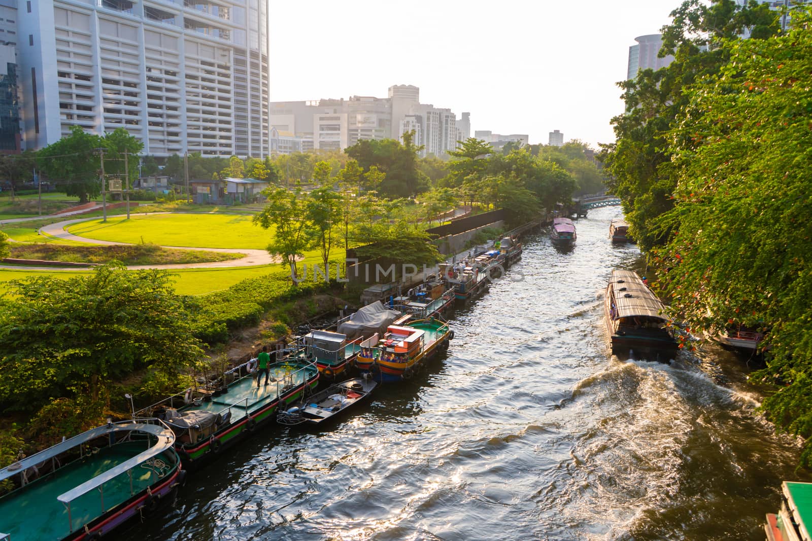 Bangkok river canal by which boats boat river taxi Khlong. Public river transport in Bangkok