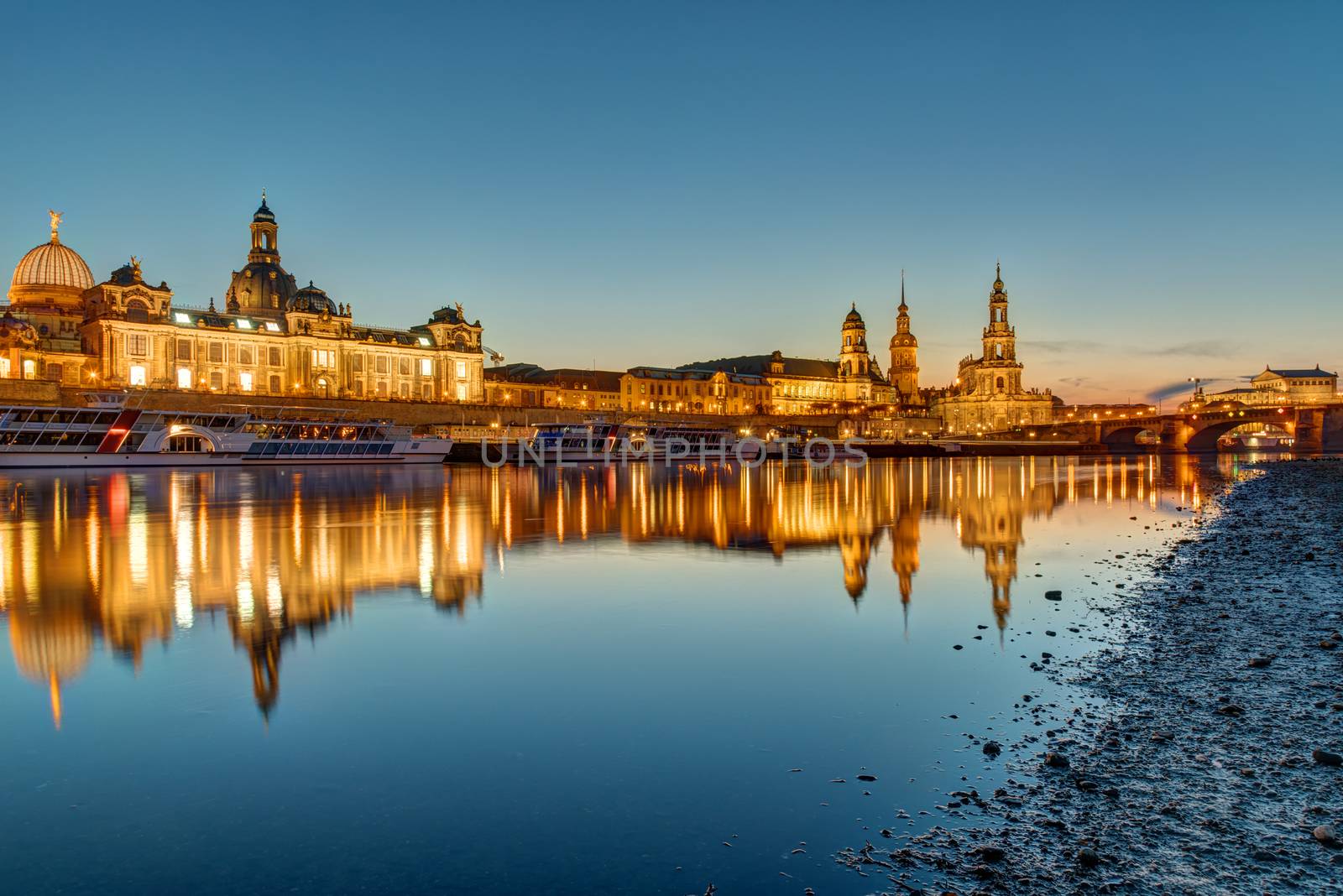 The famous skyline of Dresden in Germany at dawn