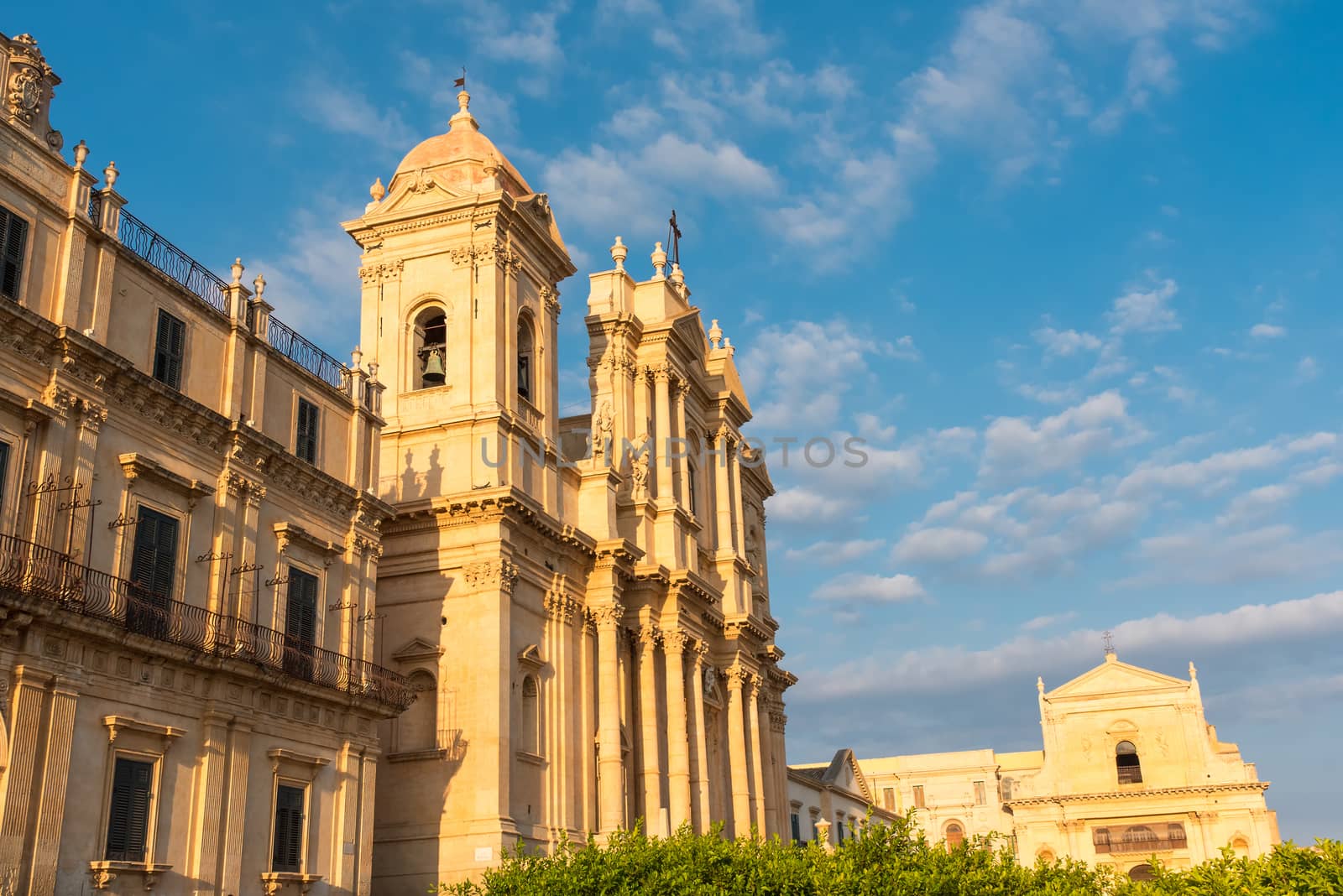 The beautiful baroque cathedral of Noto in Sicily, Italy, in the last sunrays