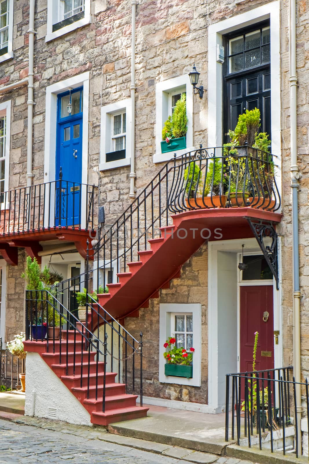 Two entrance doors with stairs seen in Edinburgh, Scotland
