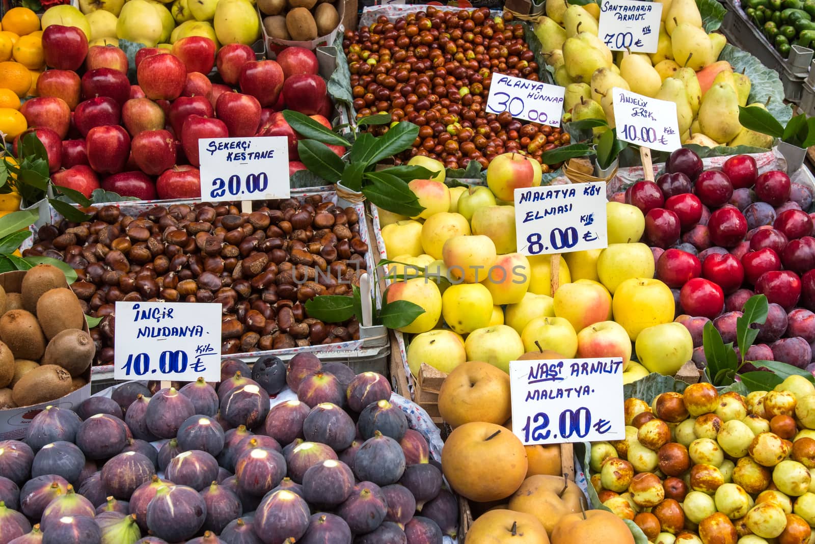 Great variety of fruits at a market in Istanbul