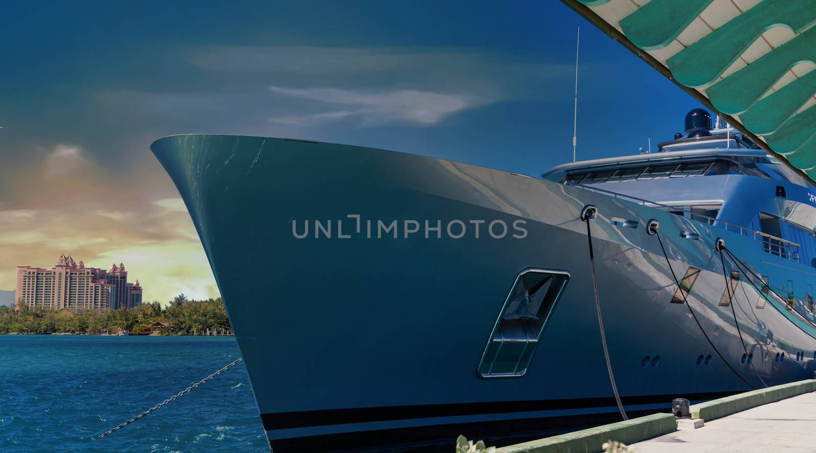 The bow of a grey luxury yacht