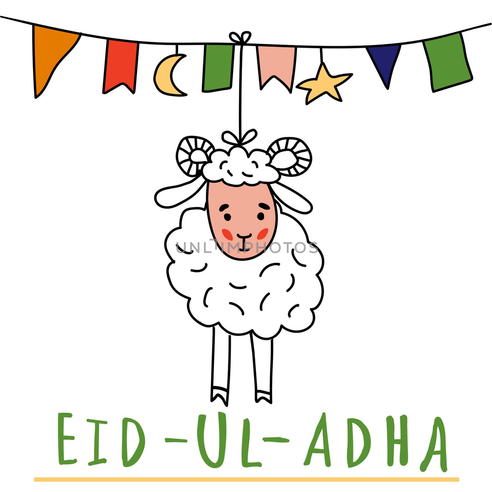 Eid ul adha greeting card with sheep, moon, star and flags, muslim community festival of sacrifice. illustration in style doodle. Islamic holiday. by zaryov