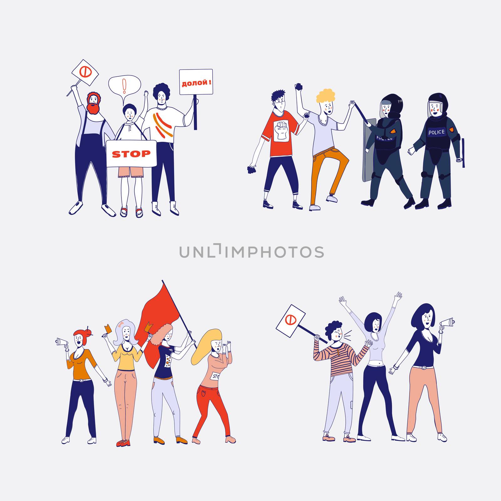 Big set of protesting people holding banners and placards. Men and women characters on political meeting, parade or rally. Group of male and female protesters or activists. . cartoon line illustration by zaryov