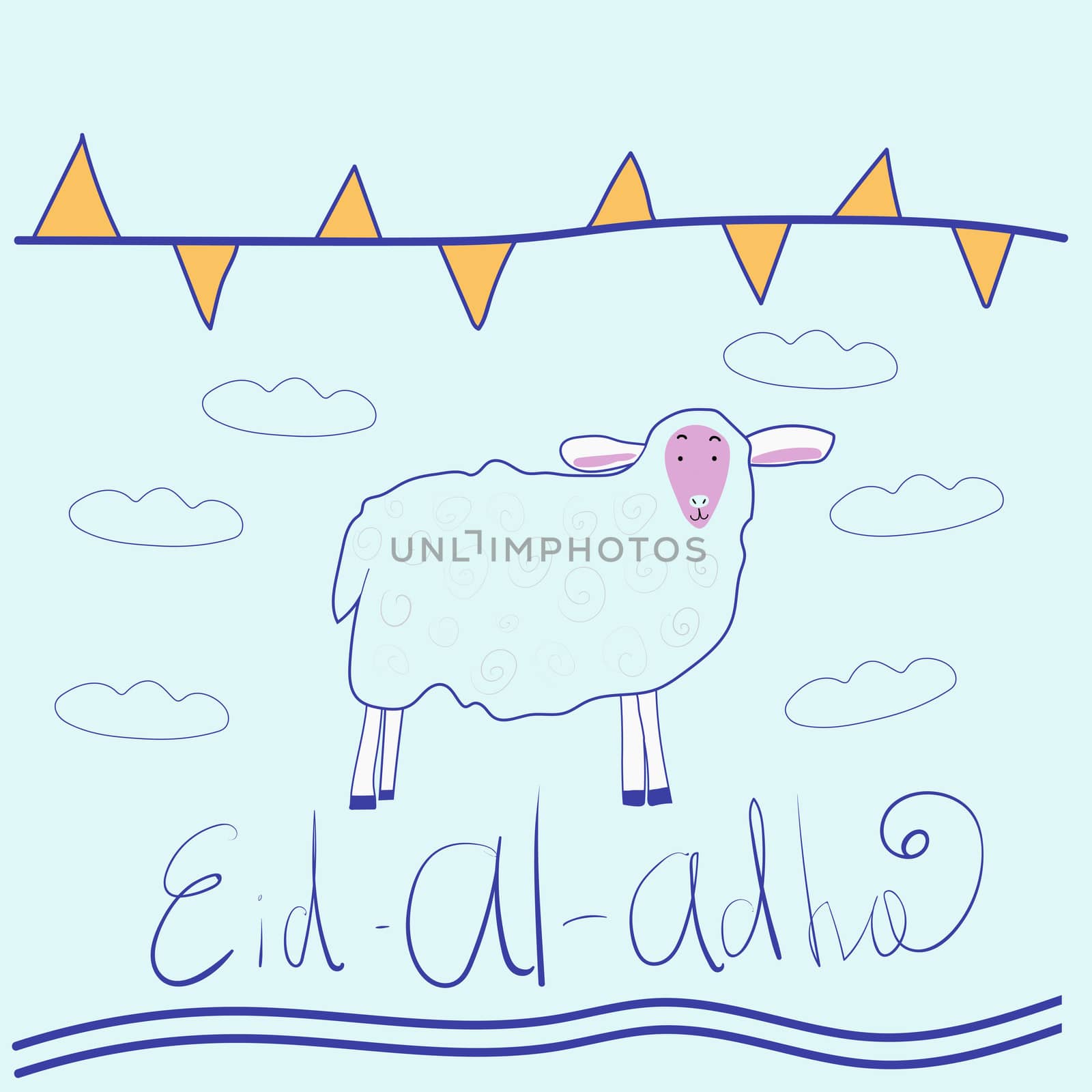 Eid ul adha greeting card with sheep, moon, star and flags, muslim community festival of sacrifice. illustration in style doodle. Islamic holiday