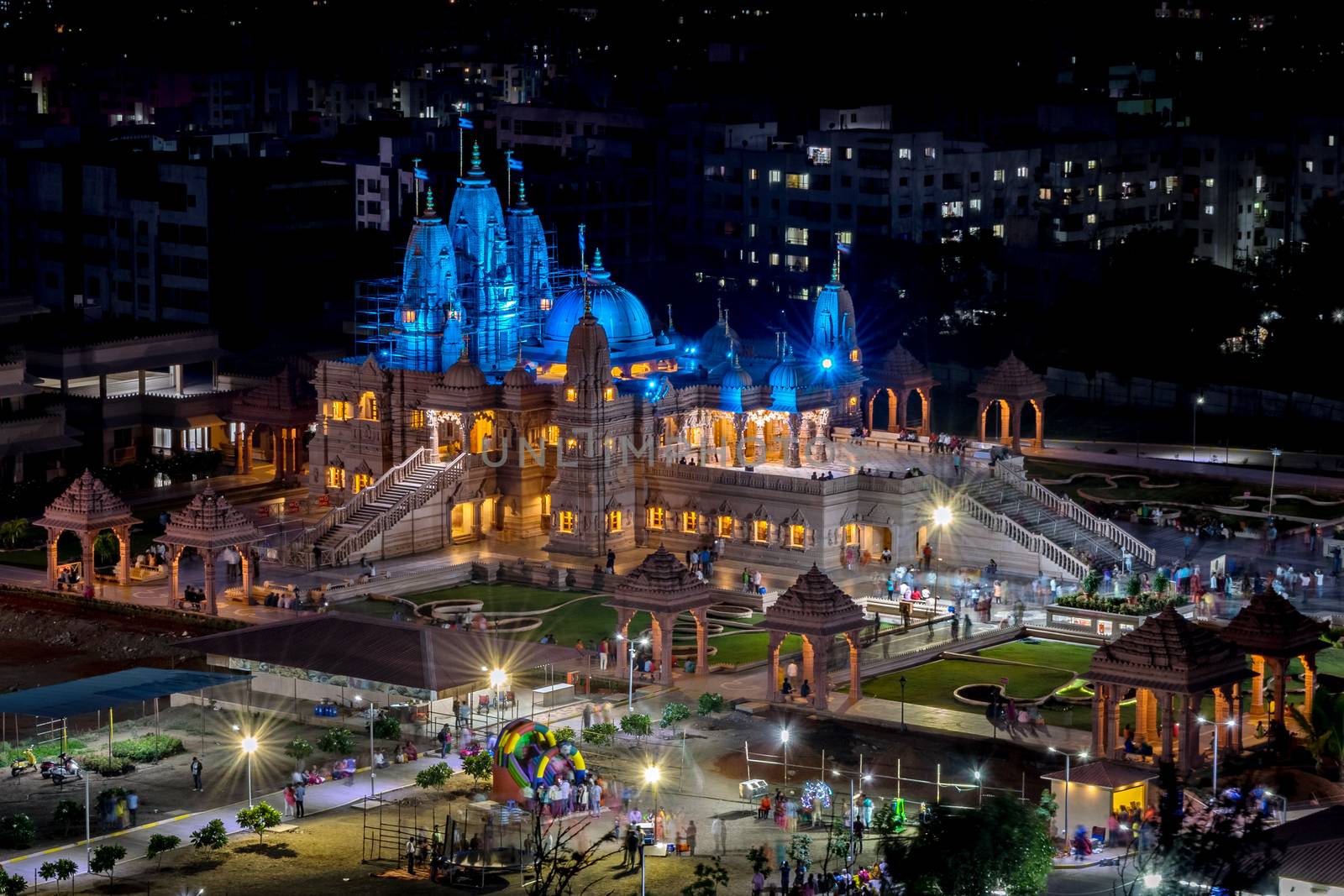 Night time lighting on Shree Swaminarayan temple at night, Pune, India. by lalam