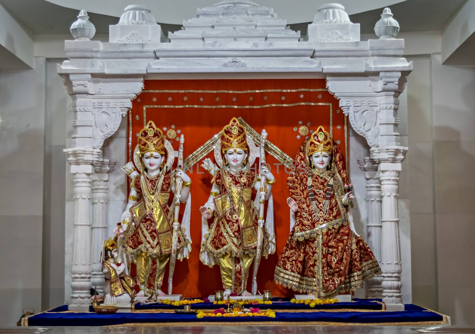 Decorated idols of Hindu Gods Ram, Lakshman & Godless Sita together in a temple at Somnath, Gujrat, India.