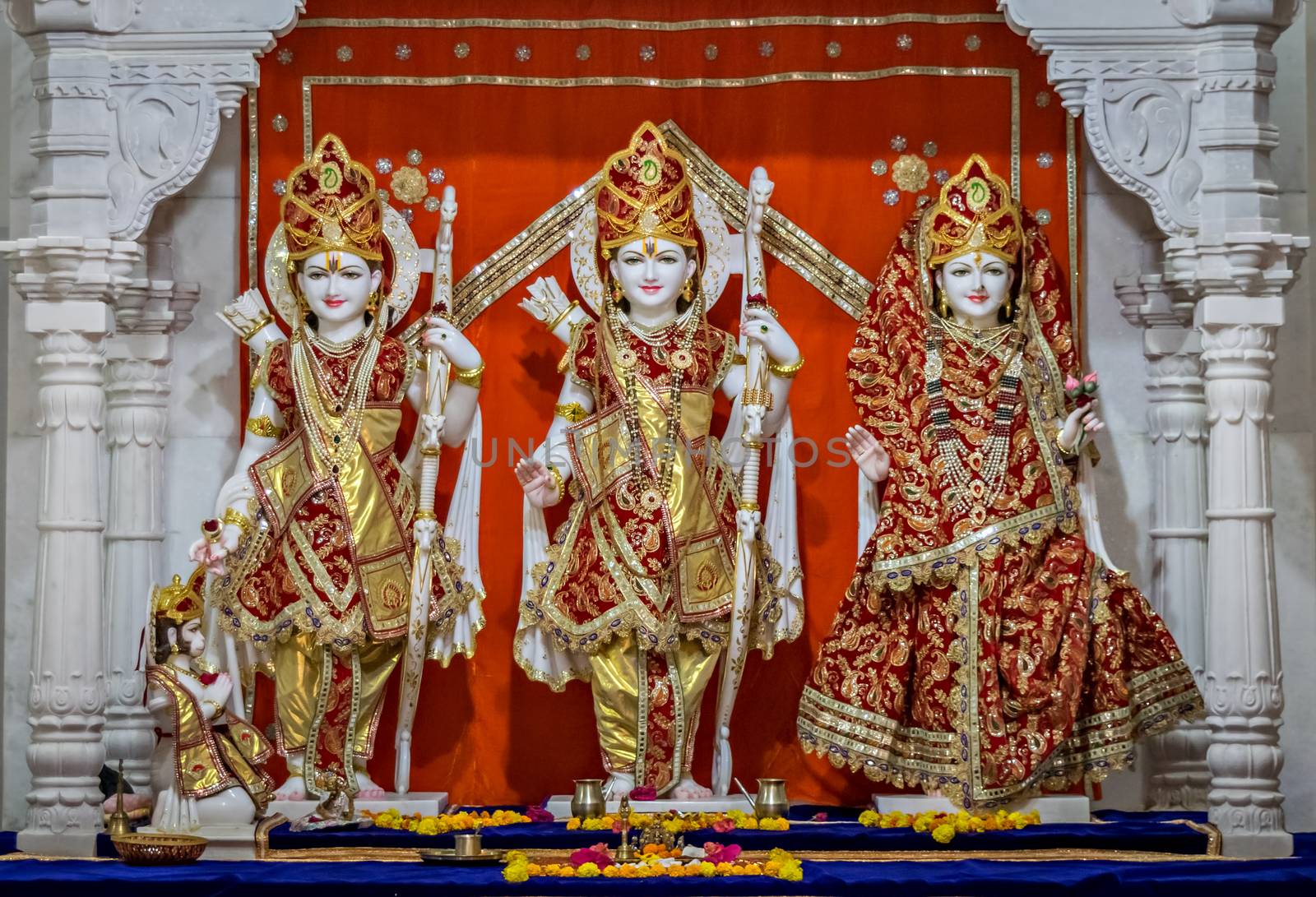 Decorated idols of Hindu Gods Ram, Lakshman & Godless Sita together in a temple at Somnath, Gujrat, India. by lalam