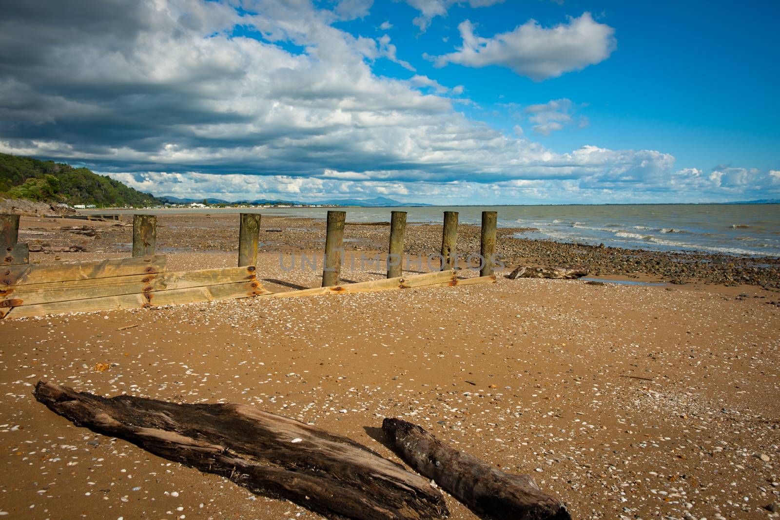 Old pier posts in row on beach at low tide on Tararu Beach Tames New Zealand