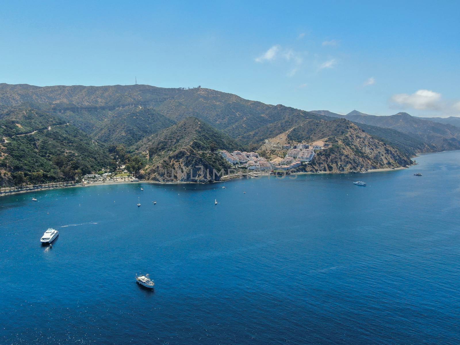 Aerial view of Avalon Bay in Santa Catalina Island, tourist attraction in Southern California, USA