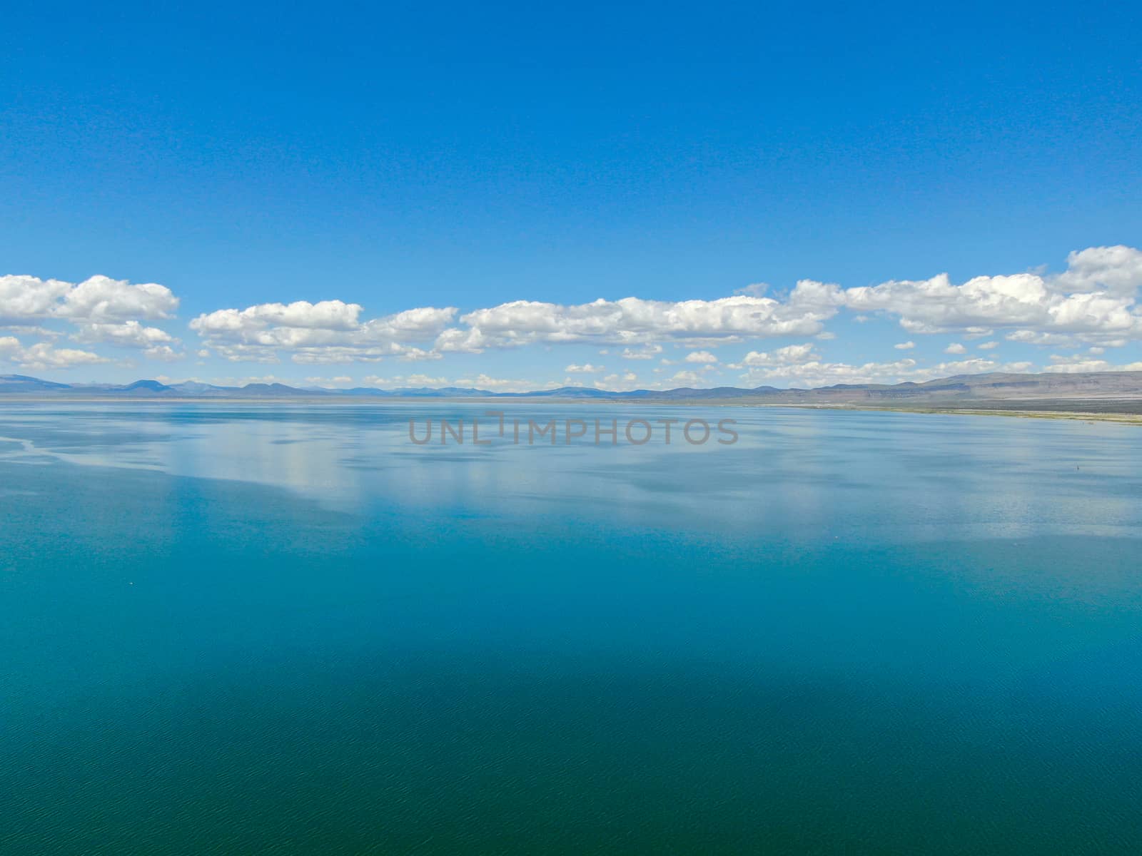 Aerial view of Mono Lake with tufa rock formations during summer season, Mono County, California, USA