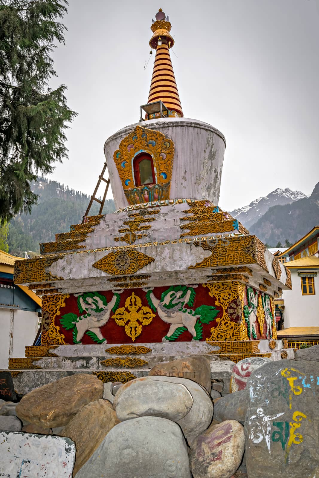 Nicely hand painted colorful Budhdhist Pagoda in Manali, Himachal Pradesh, India.