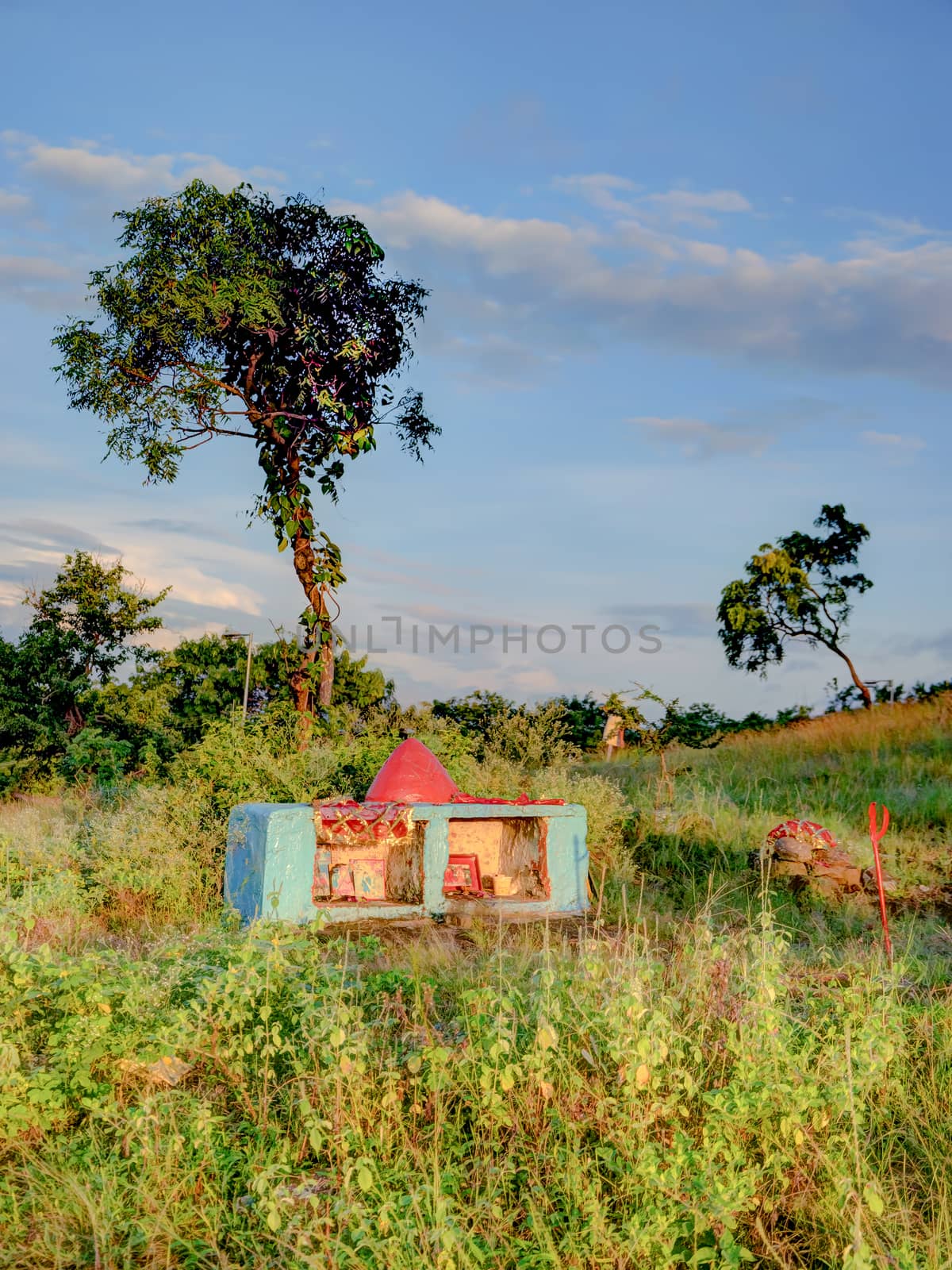 A small trmple of Hindu god Hunuman on hill with tree. by lalam