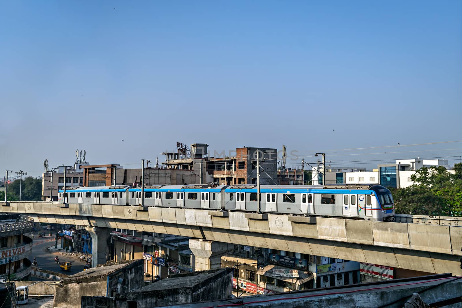 Nampally, Hyderabad, Telangana, India- February 18th, 2019 : Rapid transit  Hyderabad metro train near Nampally station in the morning. The service has successfully completed one year recently.