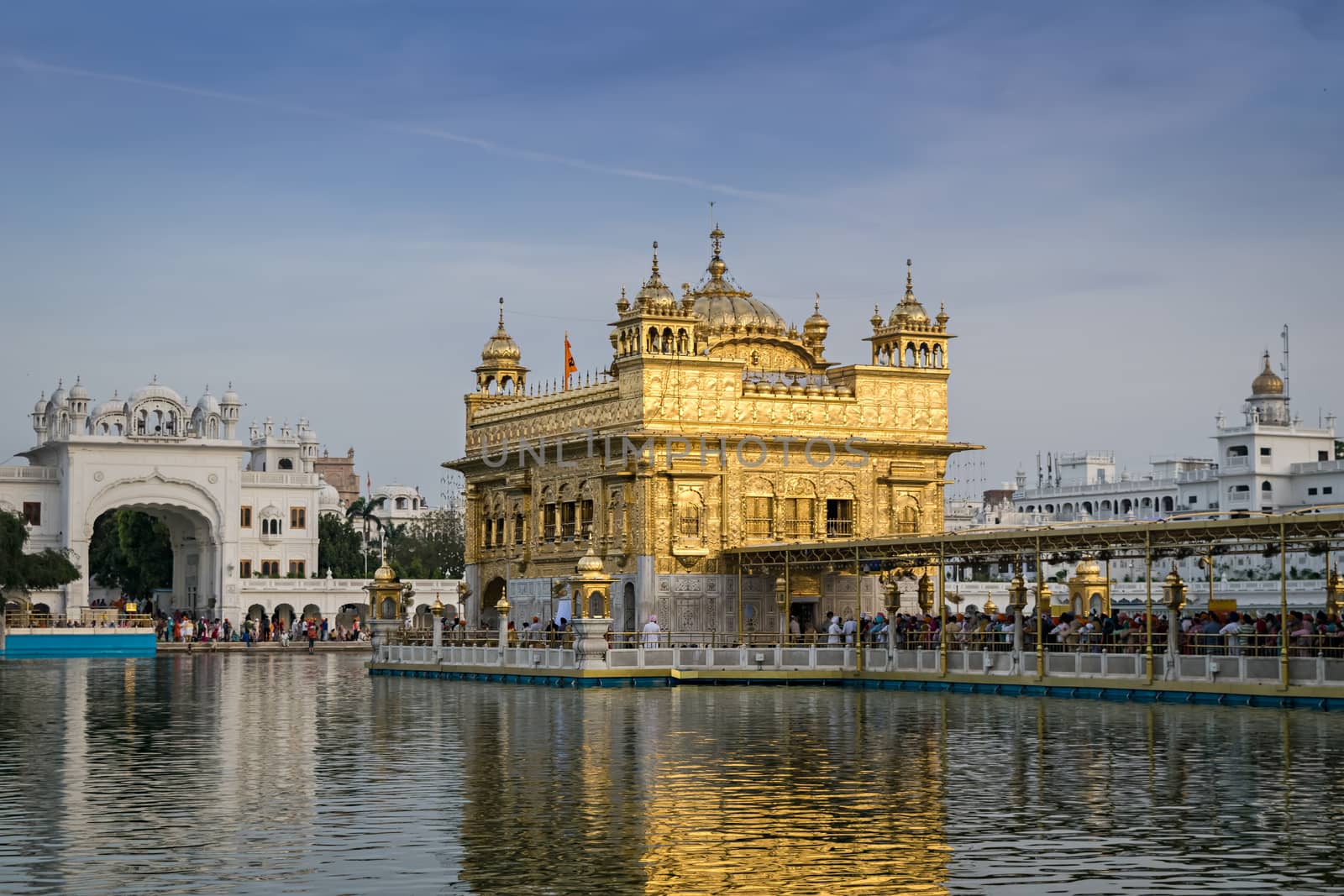 Evening view of the Golden temple in Amritsar, Punjab, India with beautiful blue sky. Can be used as wallpaper
