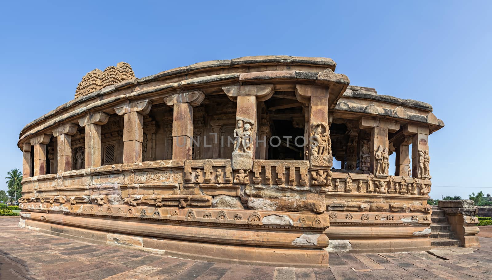 Panorama image of Durga temple in Aihole, Karnataka, India. The temple is constructed in the sixth century. It is built in the Buddhist chaitya style but it has a corridor running on all three sides.