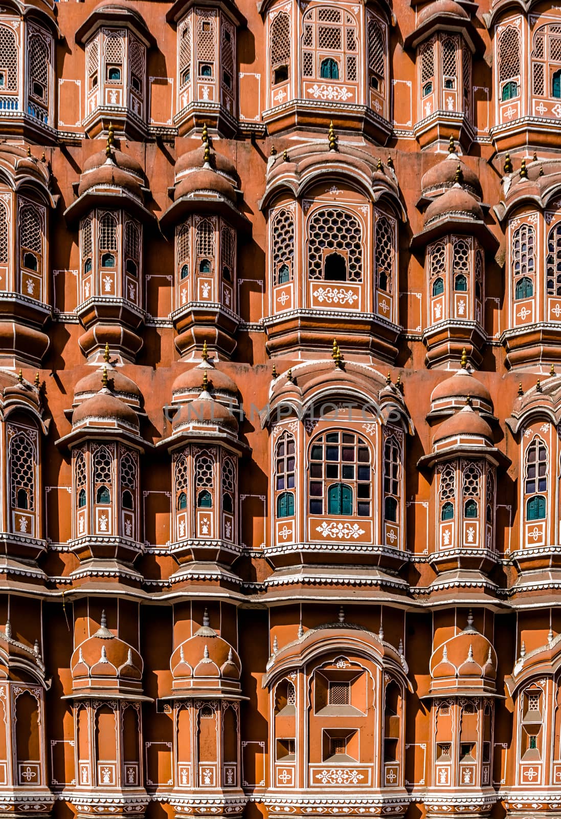 Close-up image of unique Hawa Mahal structure in Jaipur, India.