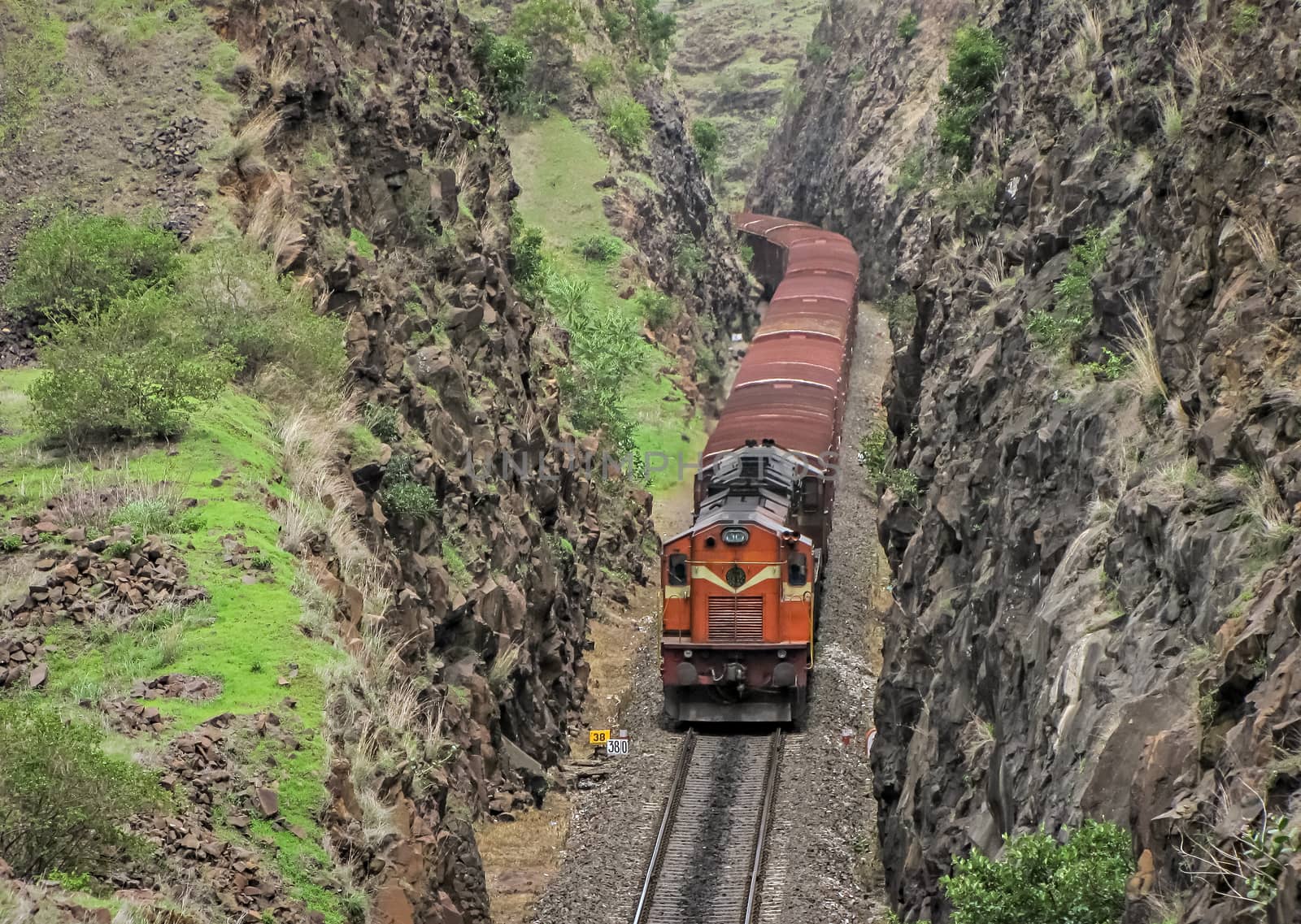 Diesel locomotive hauling a goods train through a deep rock cutting in Shindawane, Maharashtra, India.