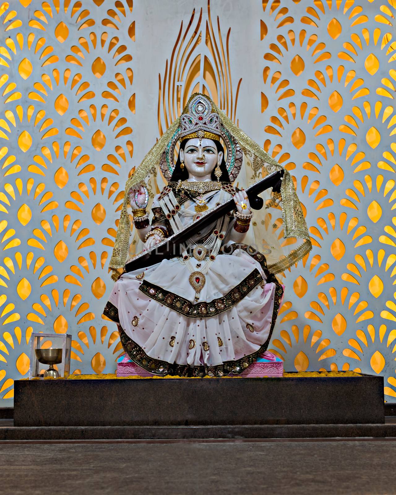 Nicely decorated Idol of Hindu Goddess Saraswati in a temple at Yavatmal, Maharashtra, India.