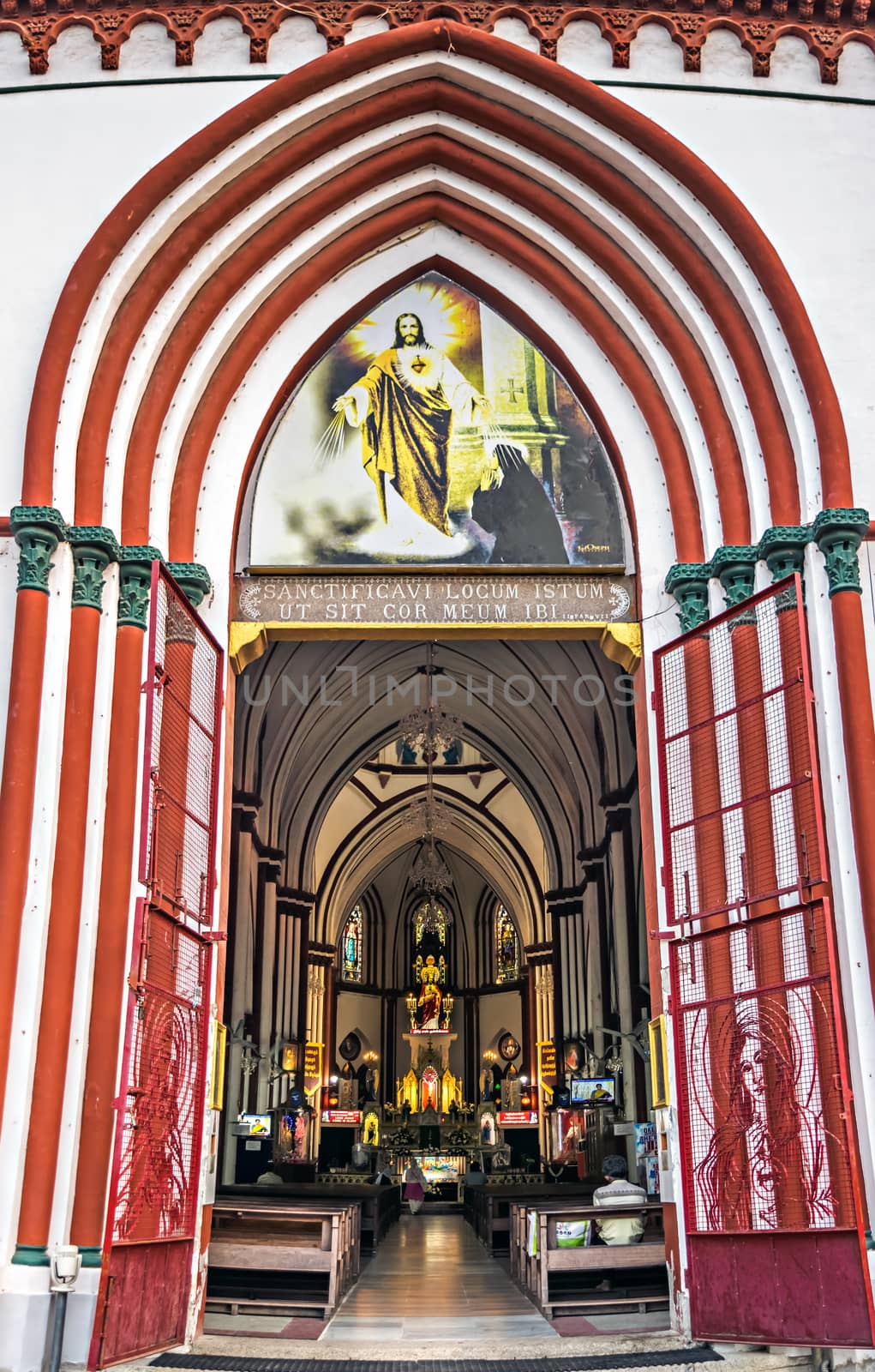 The entrance door of Basilica of the Sacred Heart of Jesus situated on the south boulevard of Pondicherry in Puducherry, India