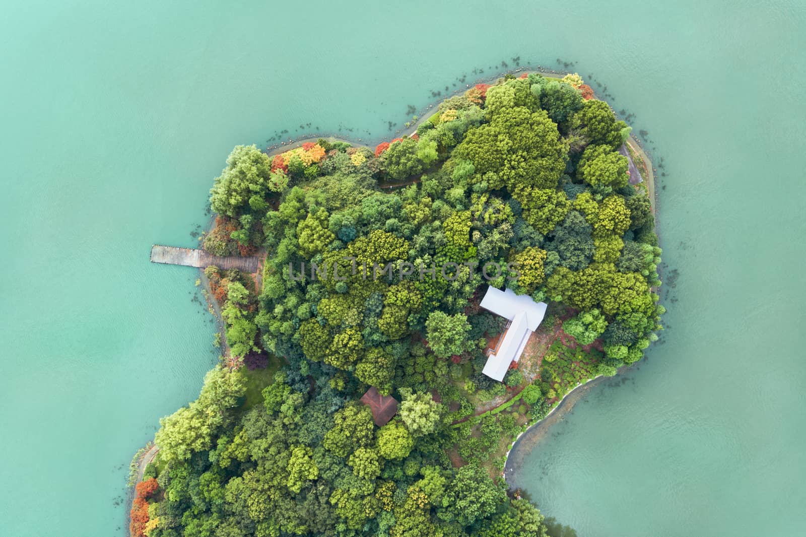 Looking down to the island in the lake. Photo in Suzhou, China.