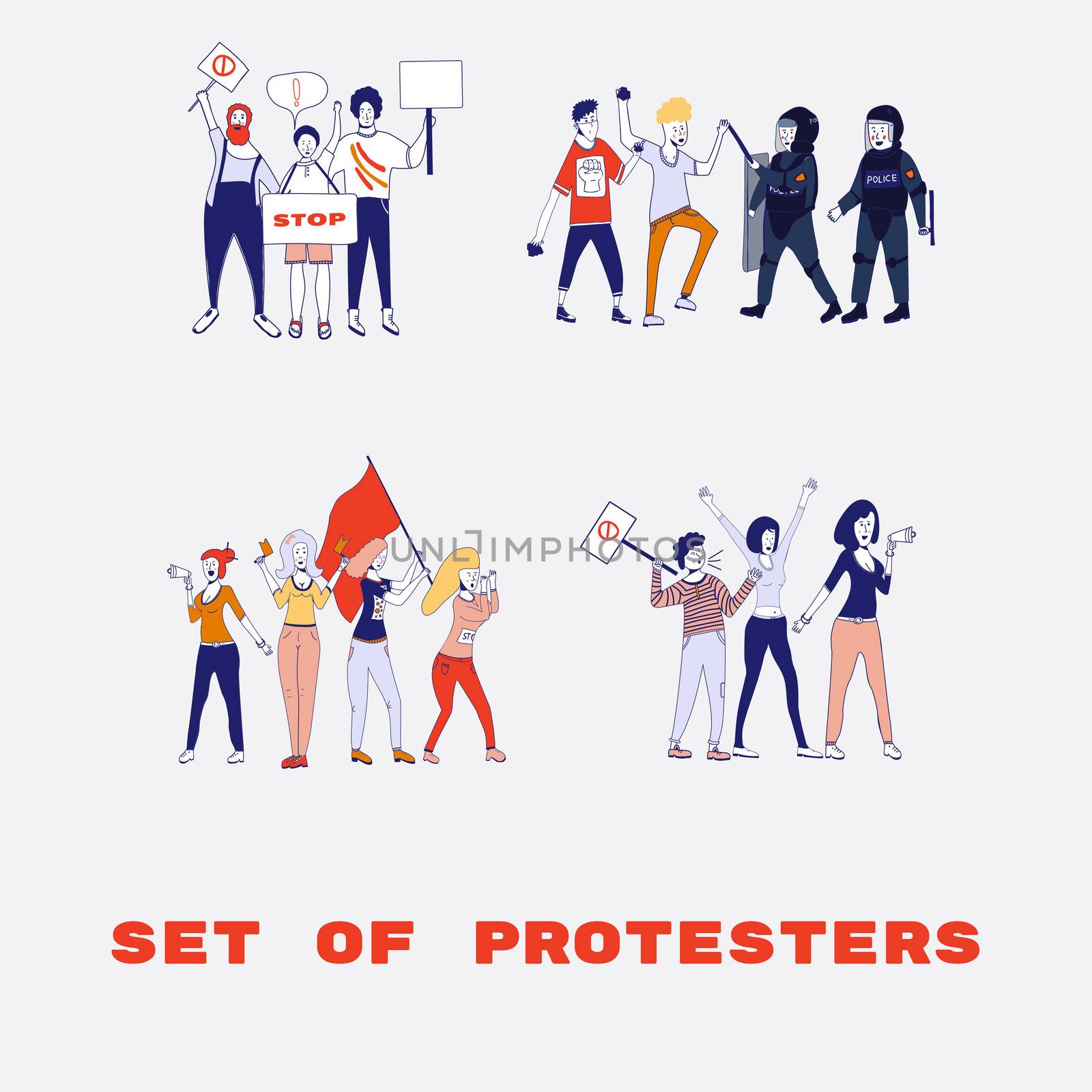 Big set of protesting people holding banners and placards. Men and women characters on political meeting, parade or rally. Group of male and female protesters or activists. . cartoon line illustration. by zaryov