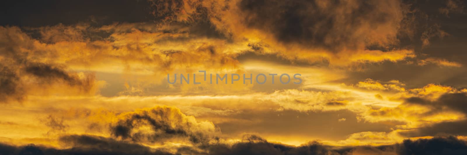 Panorama dramatic clouds illuminated rising of sun in sky to change weather. Natural meteorology background. Soft focus, motion blur sky majestic meteorology cloudscape.