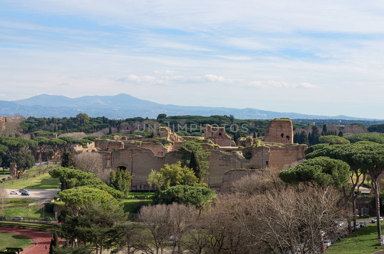 Ruins of ancient Roman Baths of Caracalla, a thermal complex next to Circo Massimo in Rome, Italy, seen from the FAO building terrace