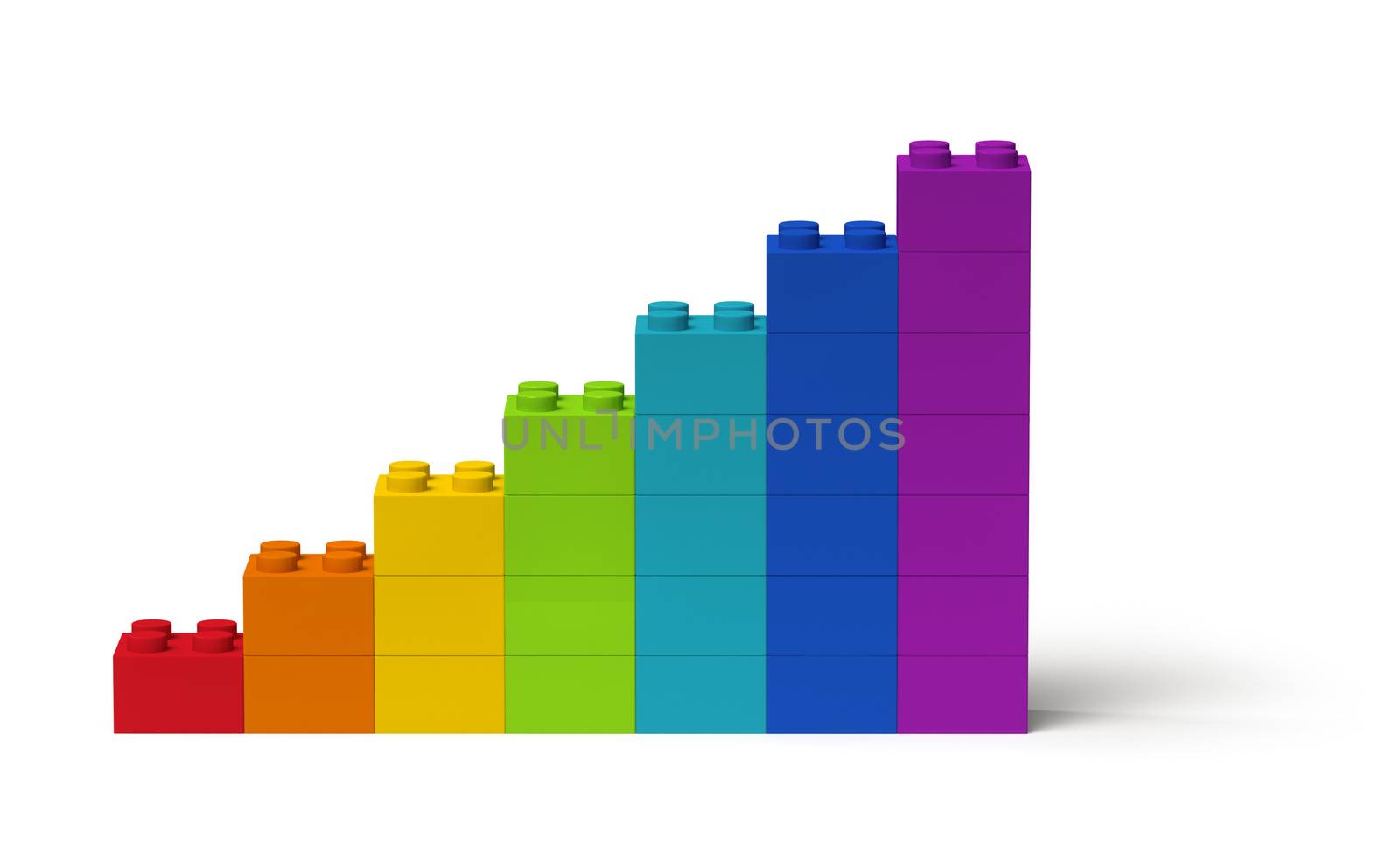 Bar chart diagram with rainbow colors showing steady growth 3d, isolated on white