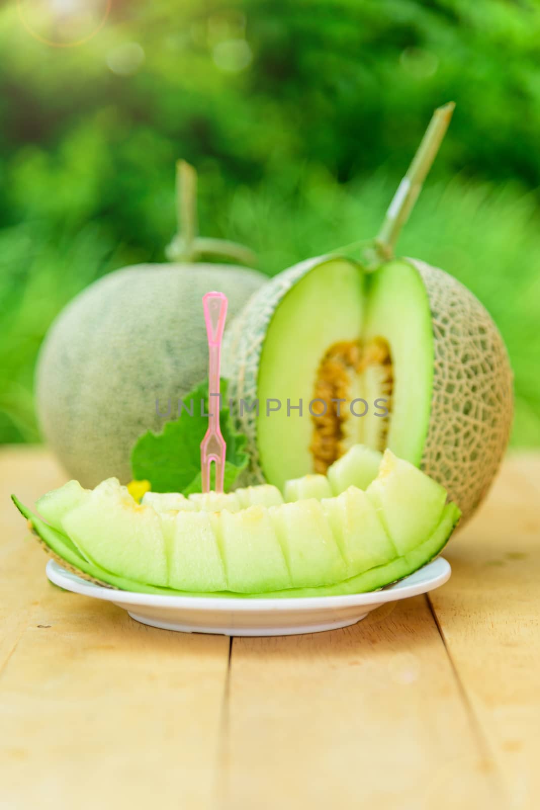 Fresh green melon on wood plate