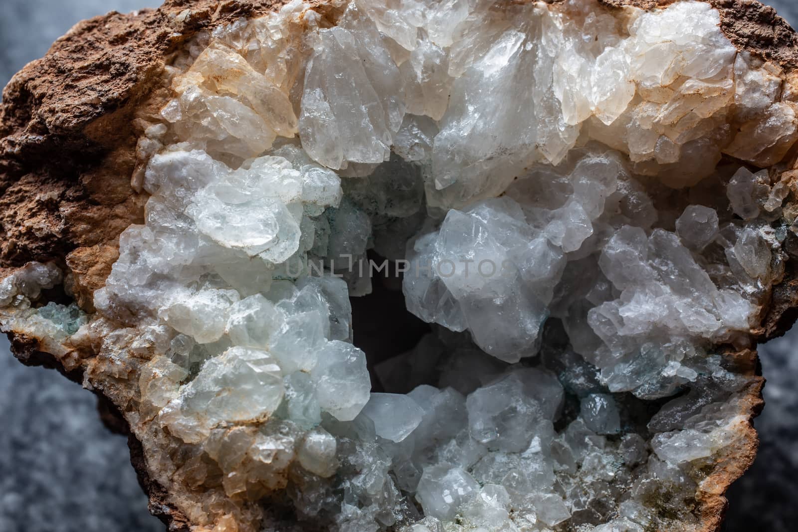transparent shiny rock crystals in a geode