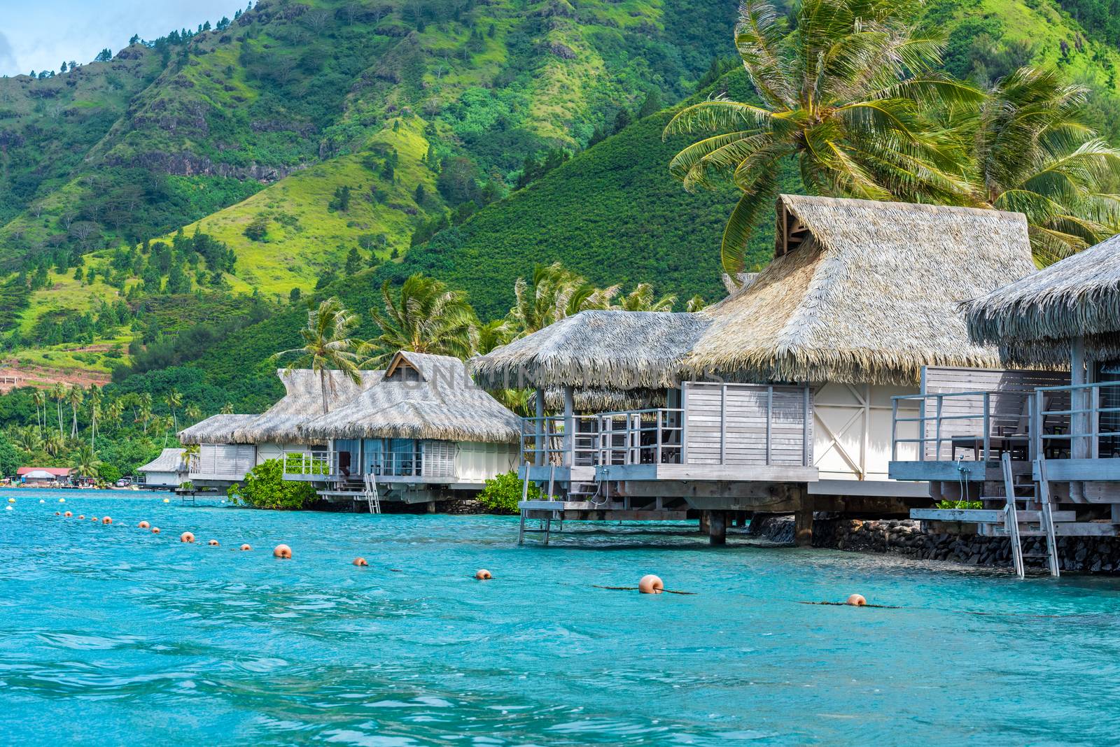 Thatched roof houses on a lagoon in Moorea Island in the South Pacific. Green mountains in the background.