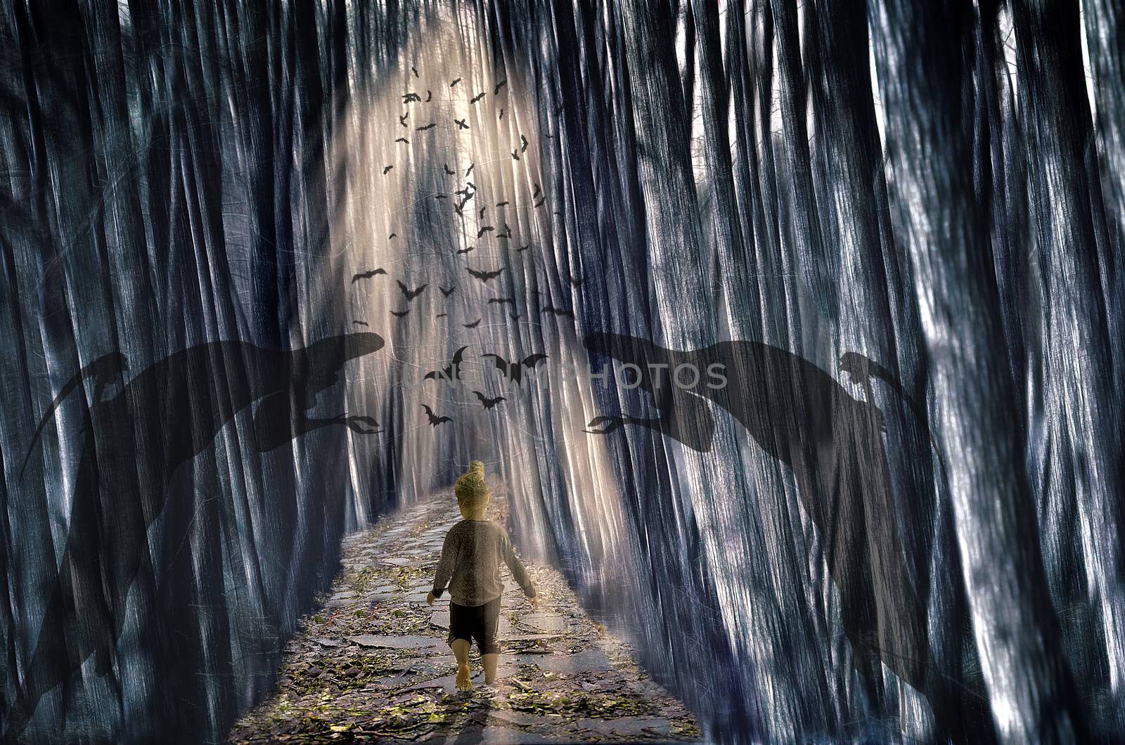 Horror background for Halloween concept. Kid walking alone on path in mystic dark forest.