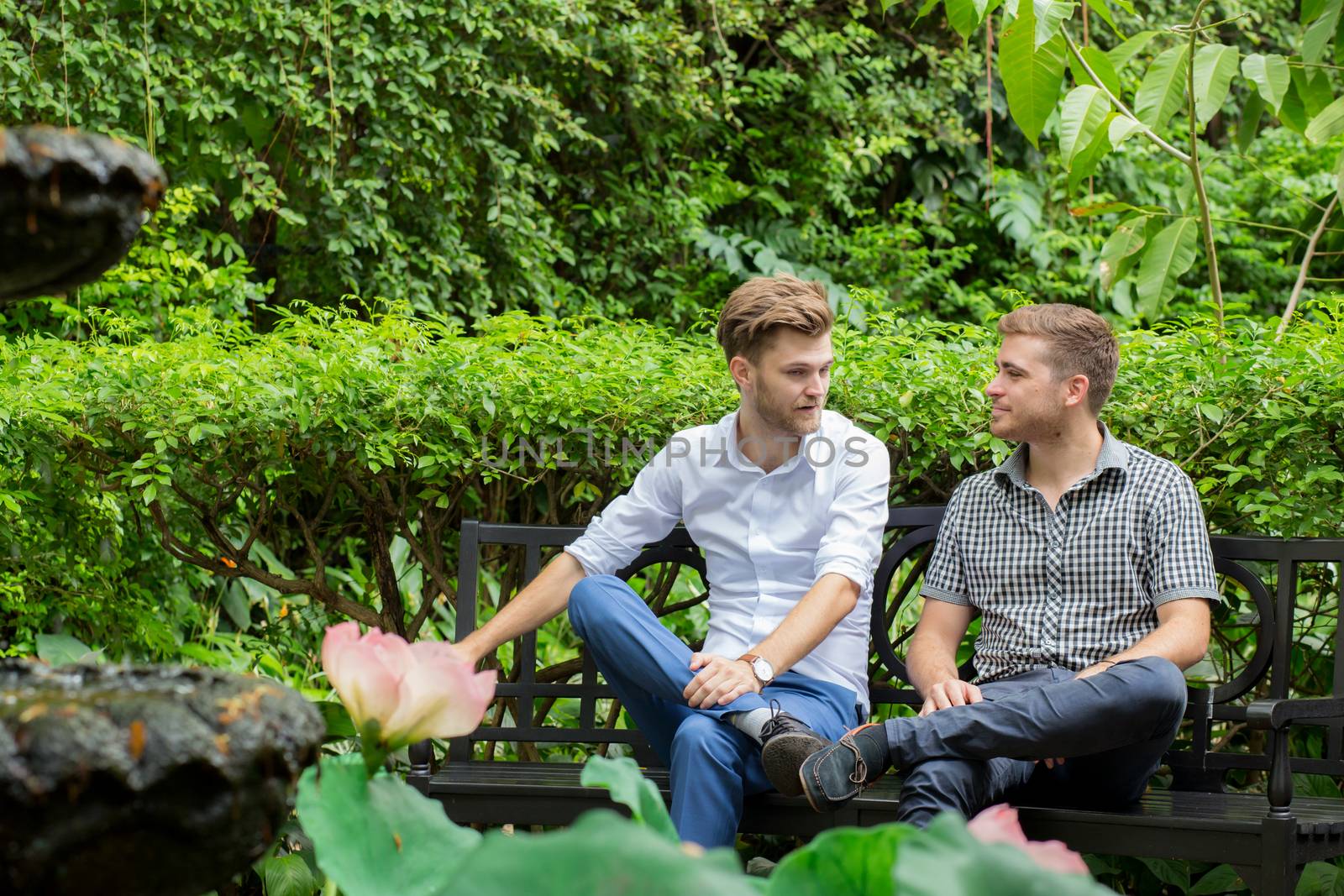 Two friends men talking sitting in a garden.