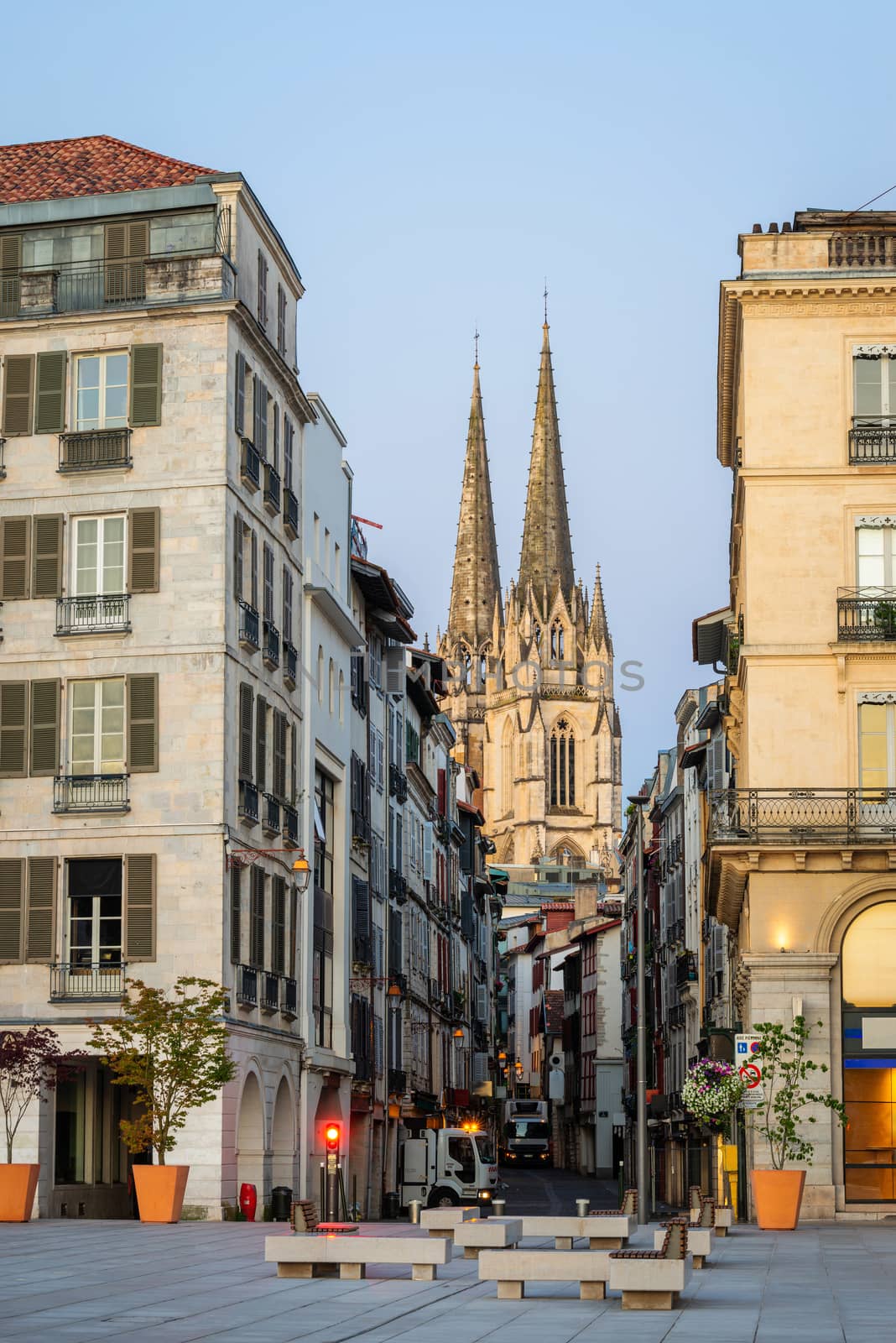 The Cathedral of Saint Mary of Bayonne and Port Neuf street at sunrise, in France