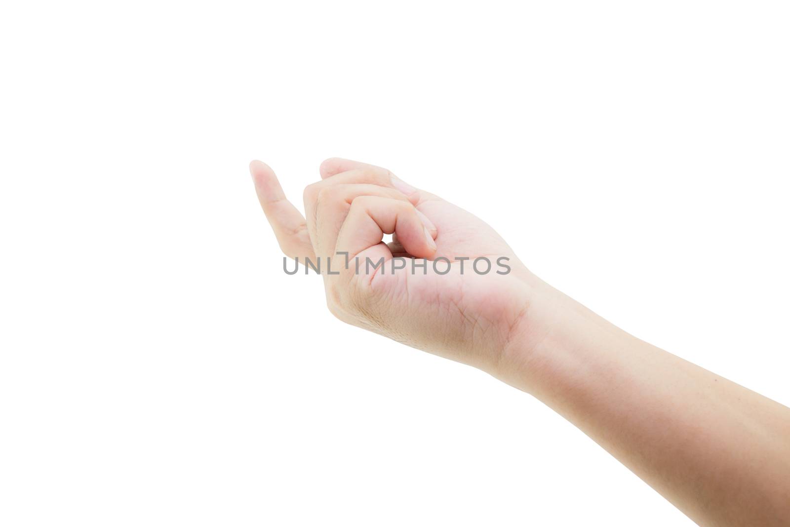 Closeup of male hand finger pointing. Isolated on white background