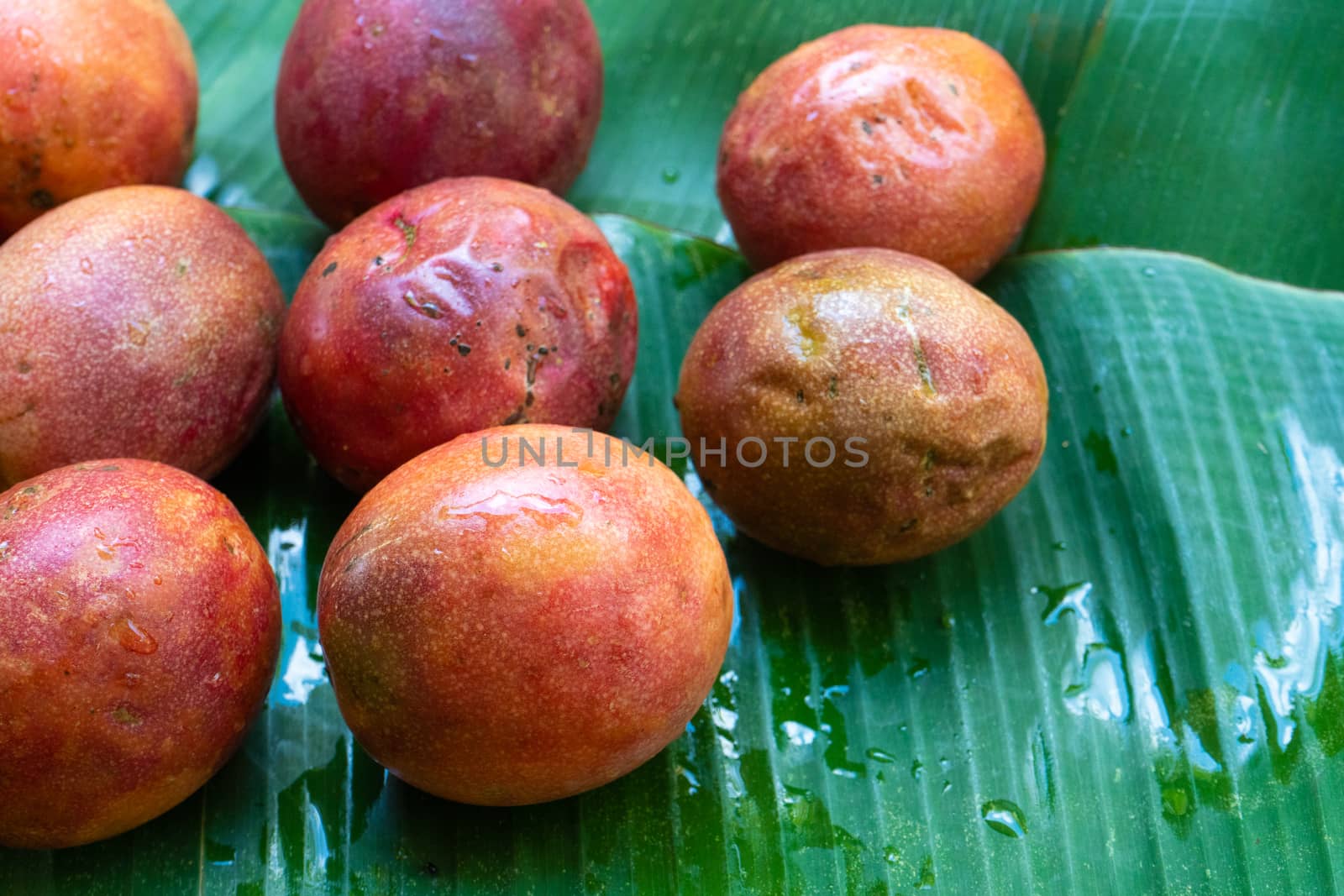 Ripe passion fruit, on a wet banana leaf. Vitamins, fruits, healthy foods.