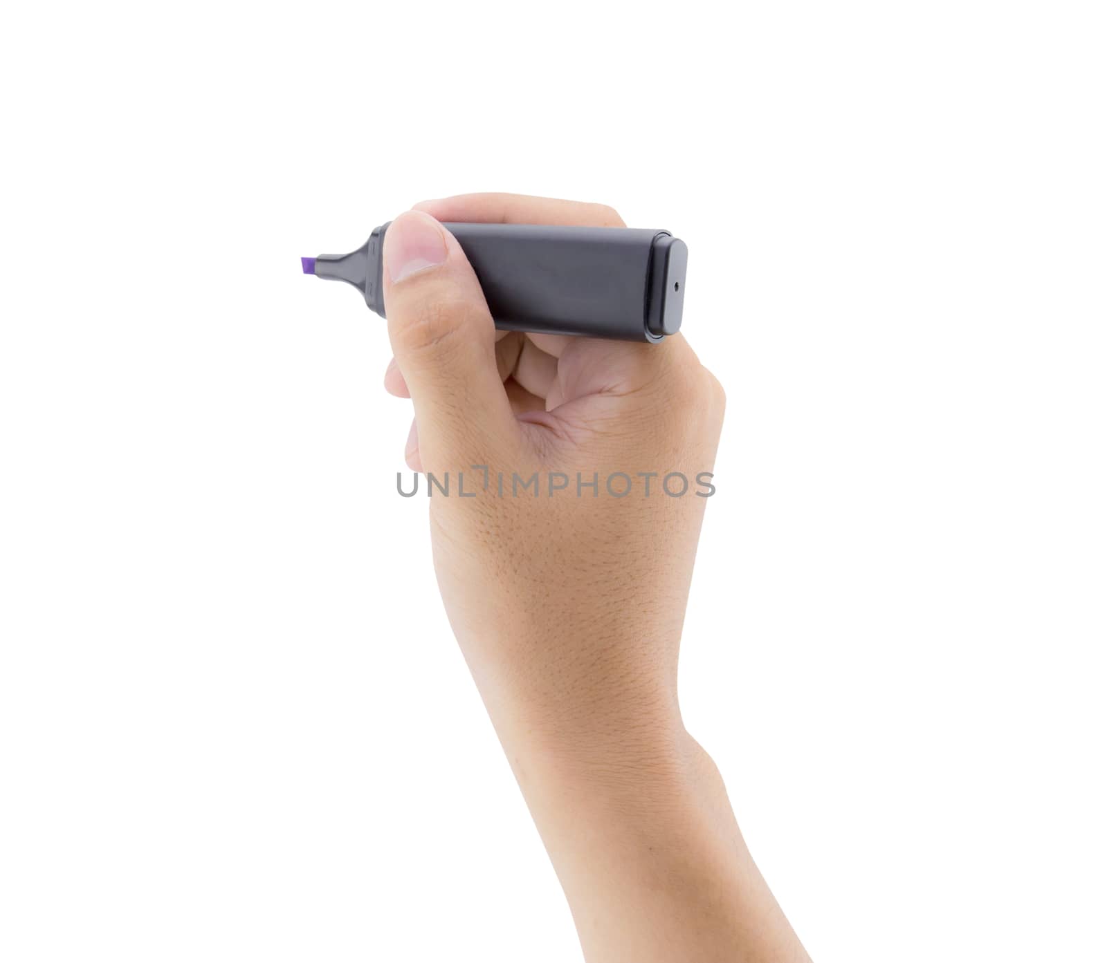 man hand is ready for drawing or writing marker pen Isolated on white background.